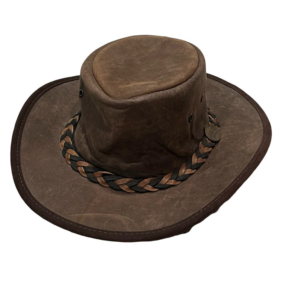 BARMAH Kangaroo Brown Leather Foldable Hat 50+ UV Water Resistant Outback Small